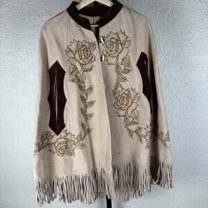Vintage Suede Leather Rose Art Pyrography Poncho Cape With Fringe Med-Lrg